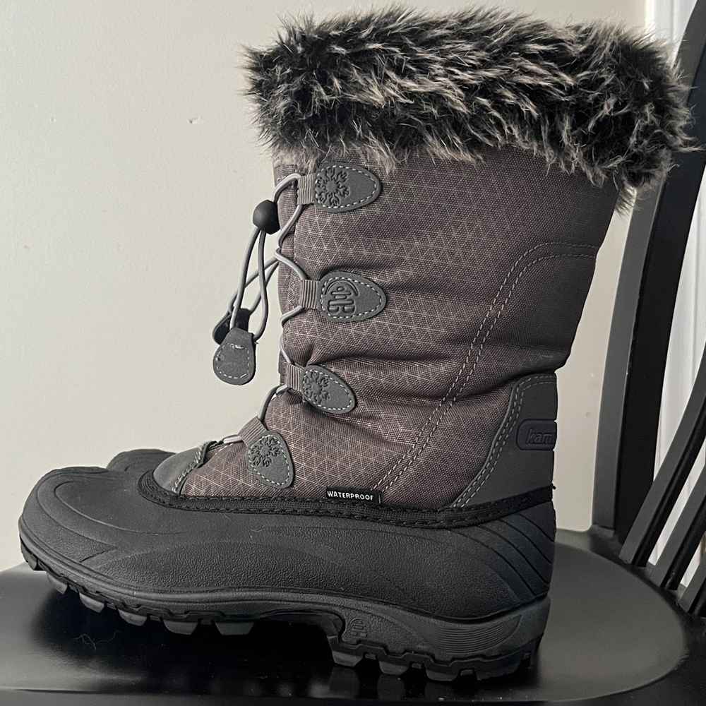 Like New Kamik Momentum Waterproof Gray, Black Winter Snow Boots, Faux Fur Sz 7